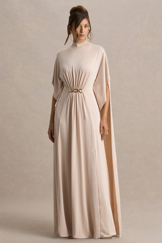Olessia | Champagne Belted Gathered Cape-Sleeve Maxi Dress