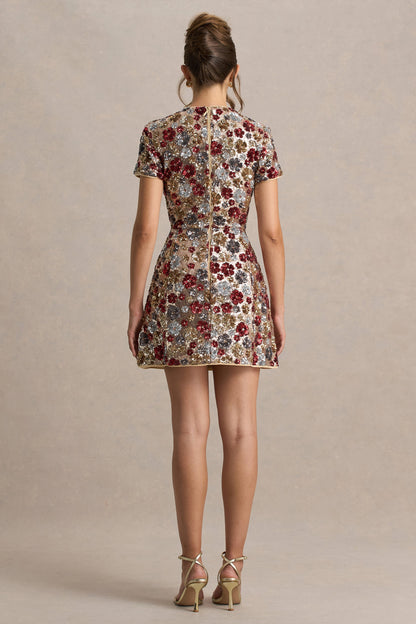 Eira | Red Floral Embellished Sequin Crew-Neck Mini Dress
