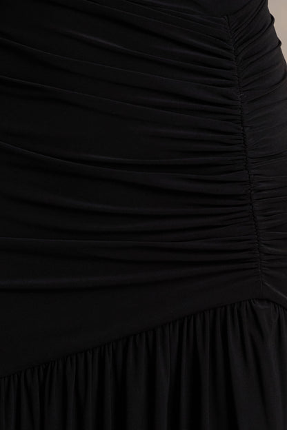 Kady | Black Asymmetric-Neck Maxi Dress With Ruched Detailing and Front-High Split