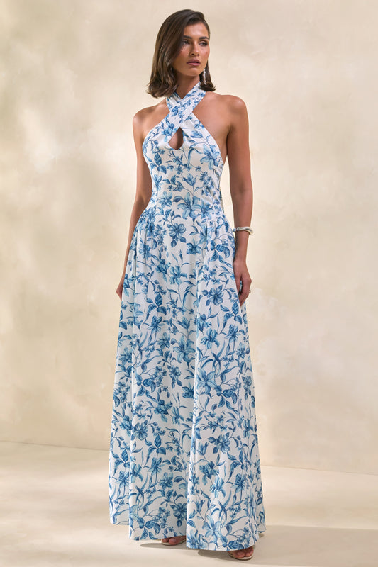 Liana | Blue Porcelain Print Halter-Neck Maxi Dress