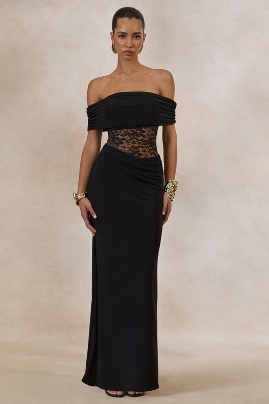 Forsya | Black Bardot-Neck Maxi Dress With Lace-Detailing