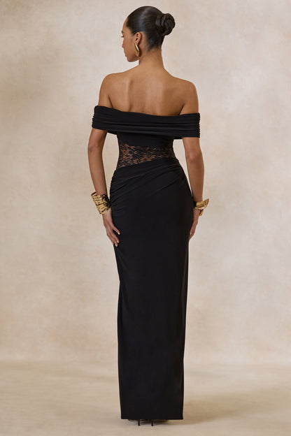 Forsya | Black Bardot-Neck Maxi Dress With Lace-Detailing