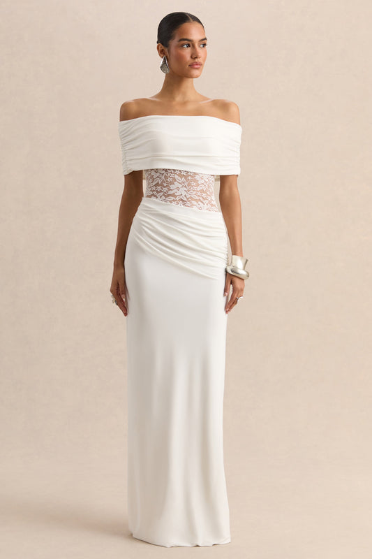 Forsya | White Bardot-Neck Maxi Dress With Lace-Detailing