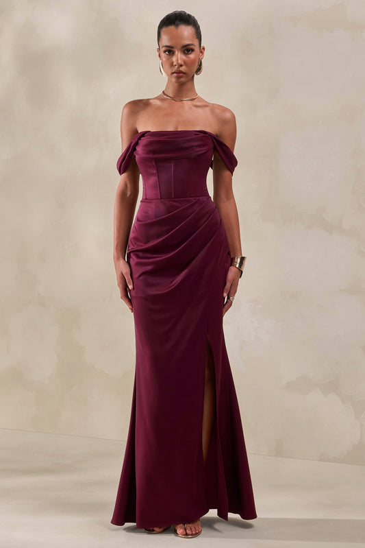 Celinea | Burgundy Satin Bardot-Neck Maxi Dress With Front-High Split