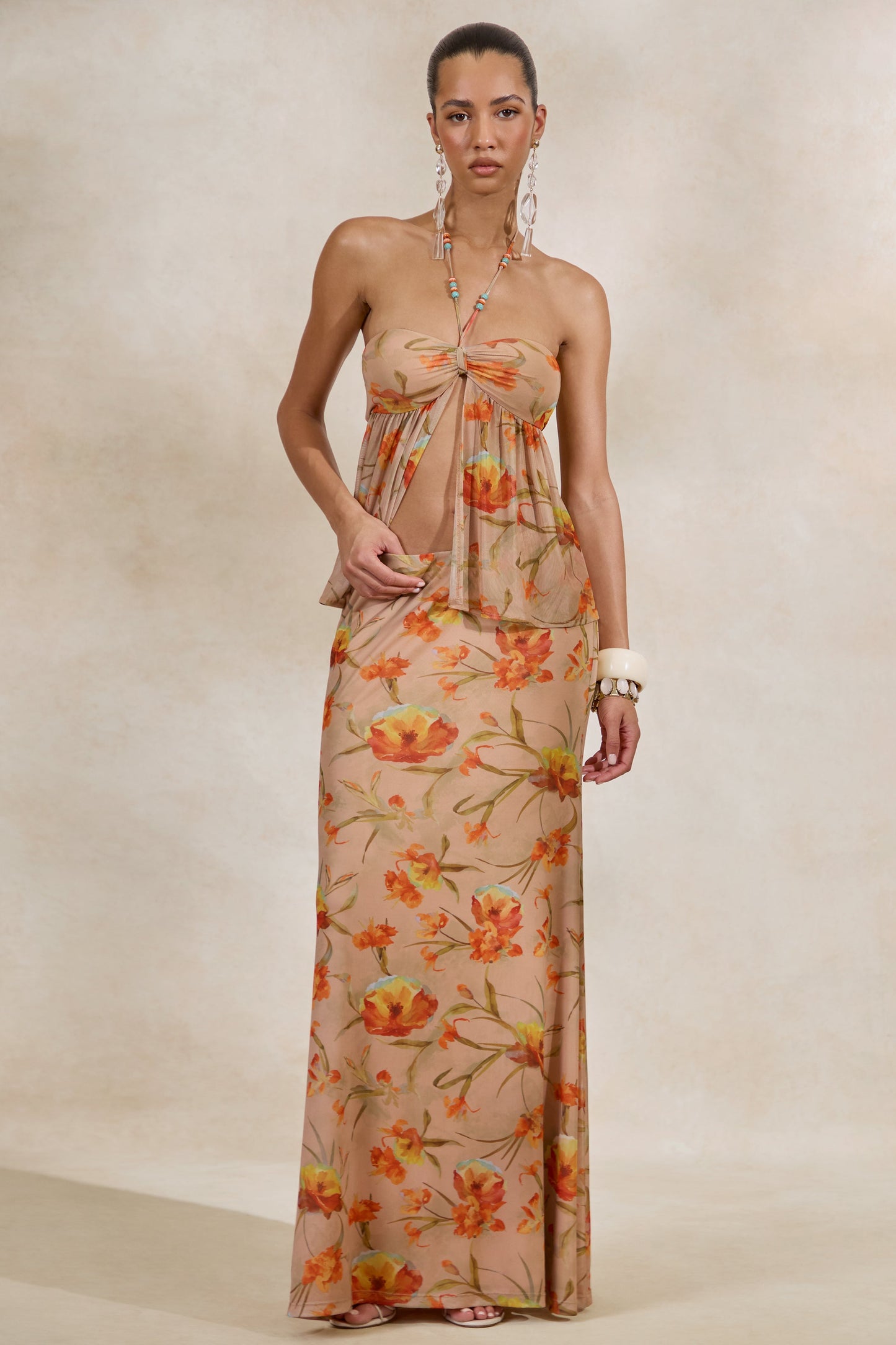 Flaviah | Orange Floral Print Mesh Maxi Skirt