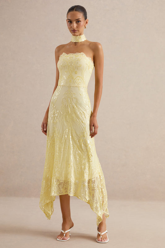 Galathea | Yellow Lace Bandeau-Neck Midi Dress With Collar Detail