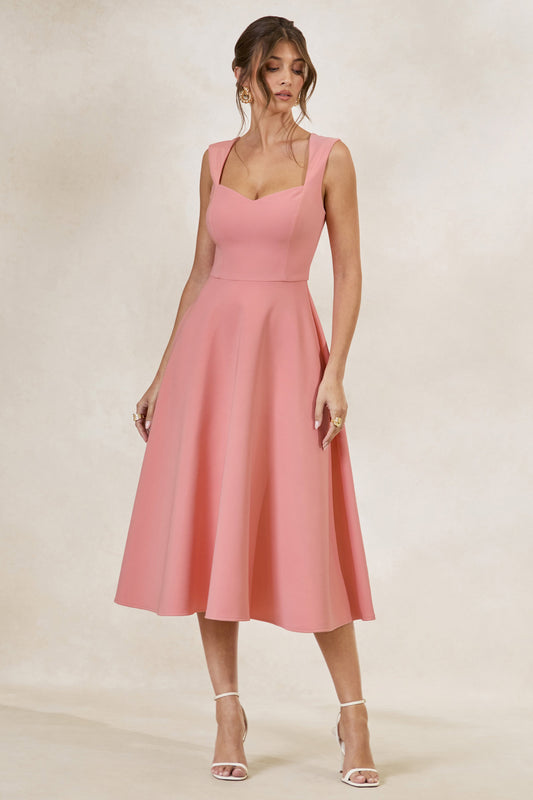Andromeda | Coral Sweetheart-Neck Midi Dress