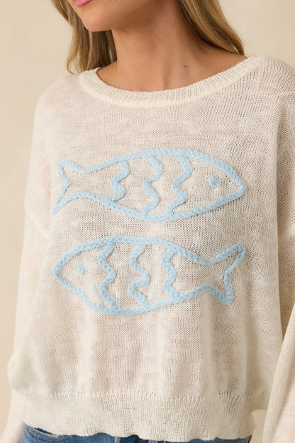 Just Swimmingly Ivory Knit Fish Embroidered Sweater