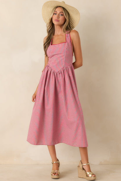 Just Because I Can Red Gingham Open Back Tie Maxi Dress