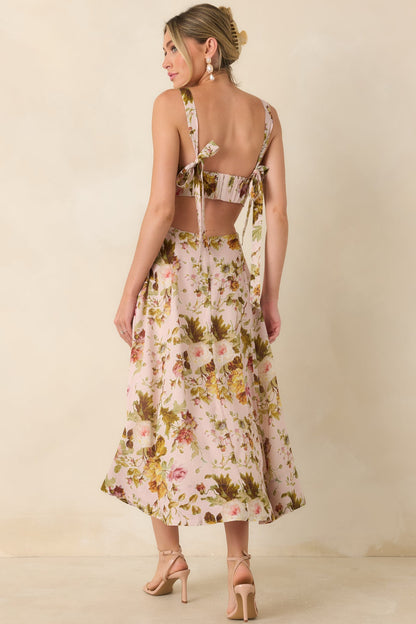 ASTR The Label Ciana Pink & Green Floral Linen Midi Dress