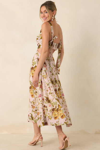 ASTR The Label Ciana Pink & Green Floral Linen Midi Dress