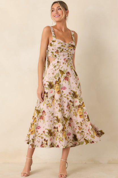 ASTR The Label Ciana Pink & Green Floral Linen Midi Dress