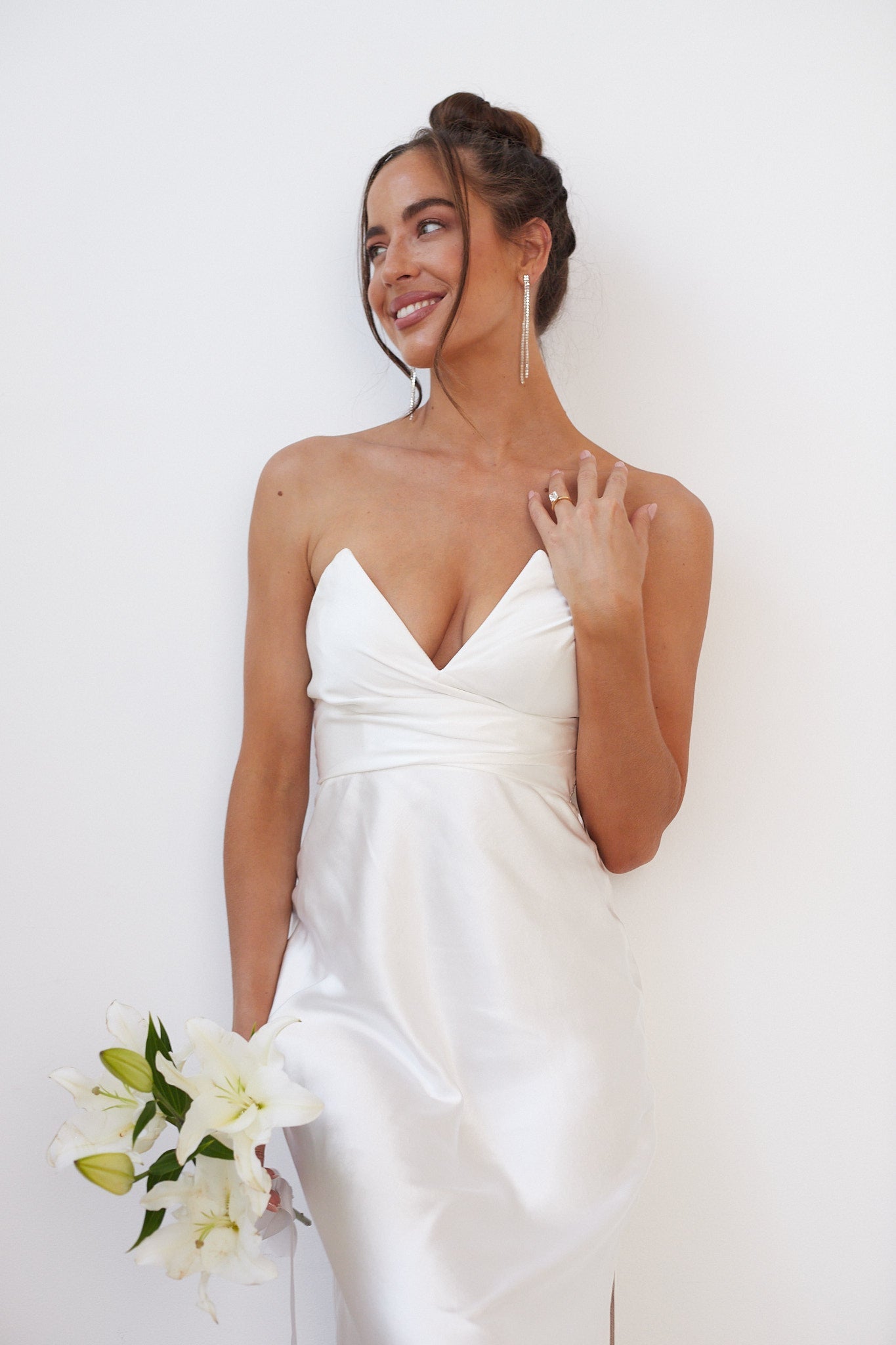 Giavanna White Dress | Women's Strapless Satin Midi Dress