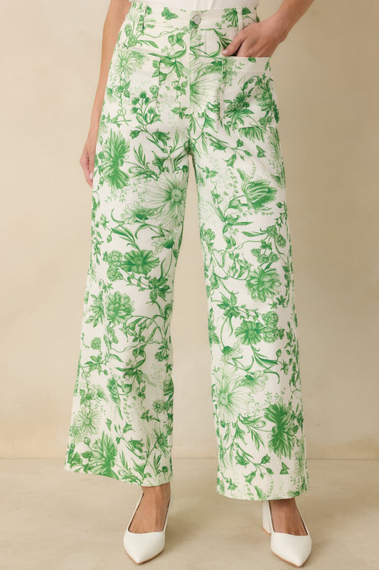 Grow Your Own Way Green Floral Print Cotton Wide Leg Pants