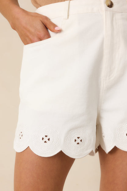 Just Darling Ivory Cotton Scalloped Hem Shorts
