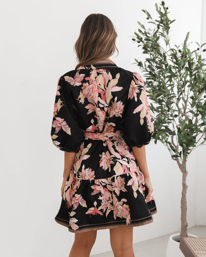 Jolette Black Floral Dress | Women's Floral Shirt Dress