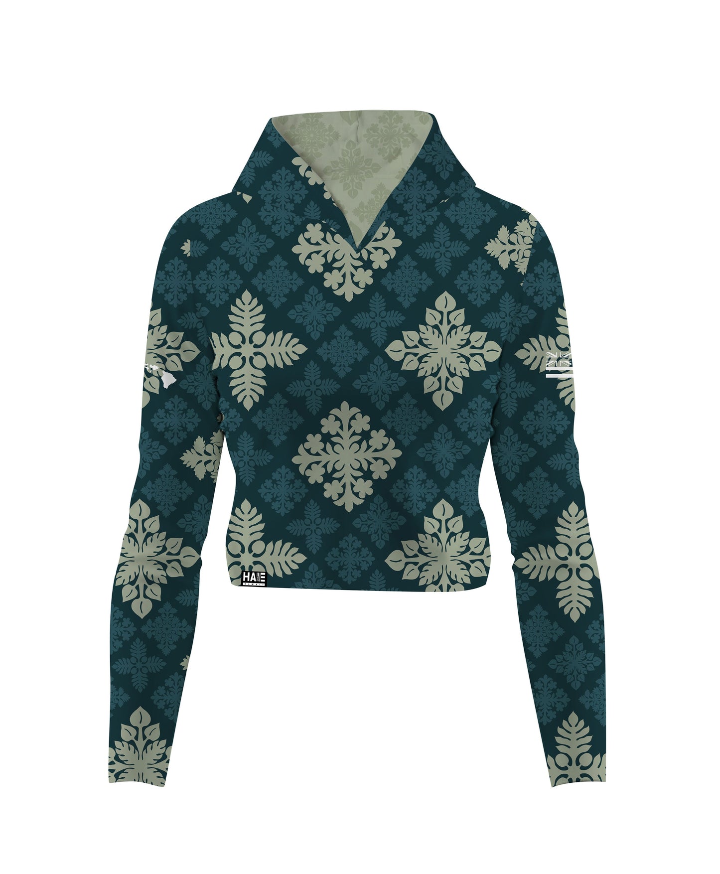 Kapa Kuiki Wahine Crop Hooded Long Sleeve Vneck Drifit Dark Teal