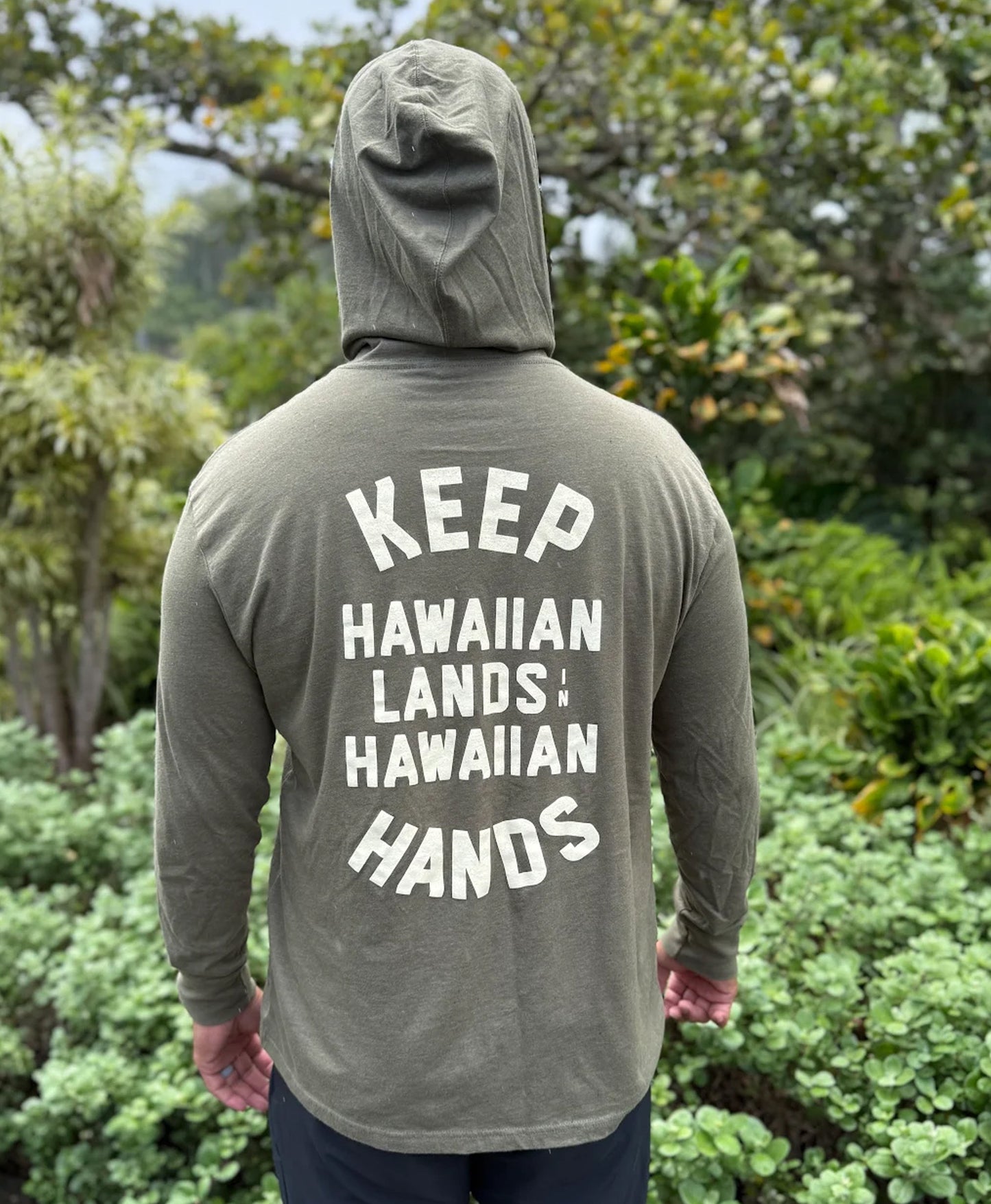 Keep Hawaiian Lands in Hawaiian Hands Cotton Blend Hooded Long Sleeve Beige on Olive