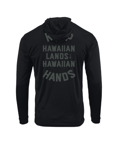 Keep Hawaiian Lands in Hawaiian Hands Hooded Long Sleeve Drifit Gray on Black