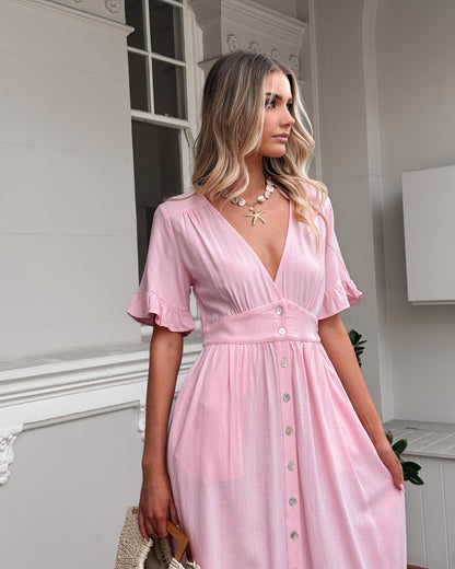 Korbela Dress - Powder Pink | Women's Linen Midi Dress