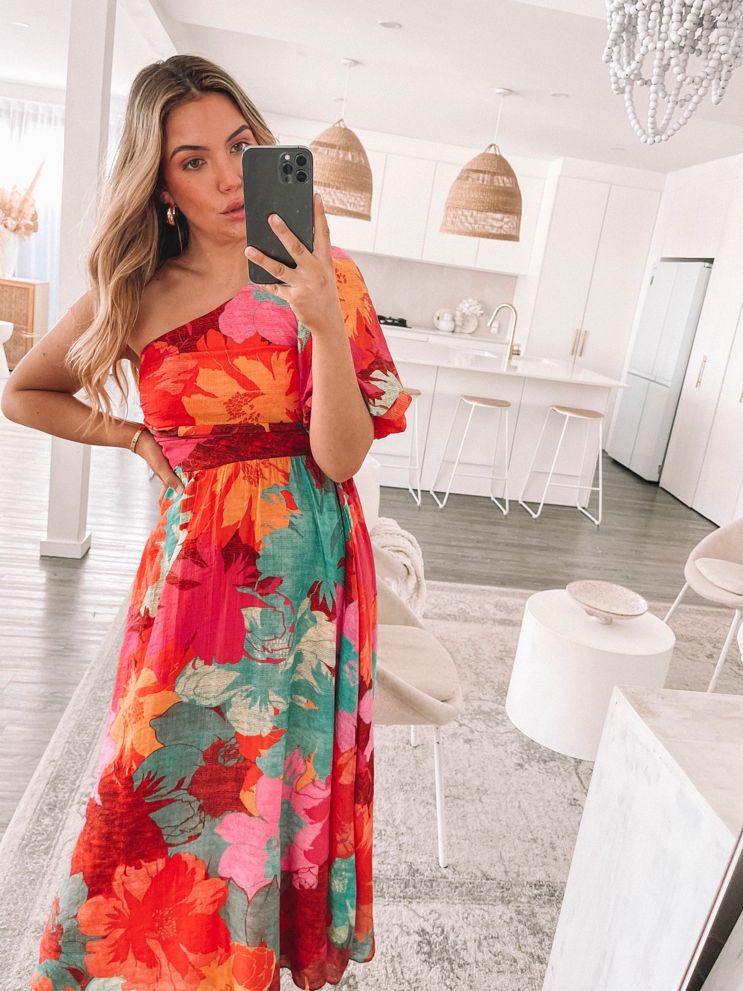 Lakelyn Pink Floral Dress | Women's One Shoulder Midi Dress