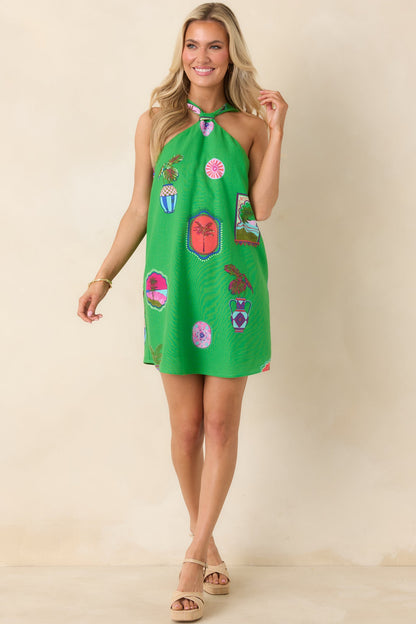 Catching Waves Green Multi Tropical Print Tie-Back Halter Mini Dress