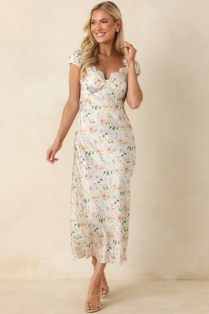 ASTR The Label Makaela Pale Green Multi Floral Lace Trim Midi Dress