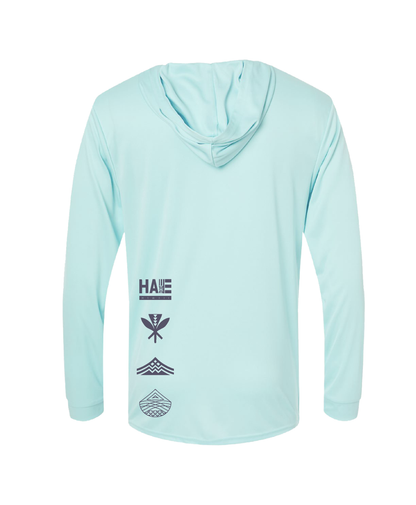 Mauka to Makai Grey on Light Blue Hooded Long Sleeve Drifit