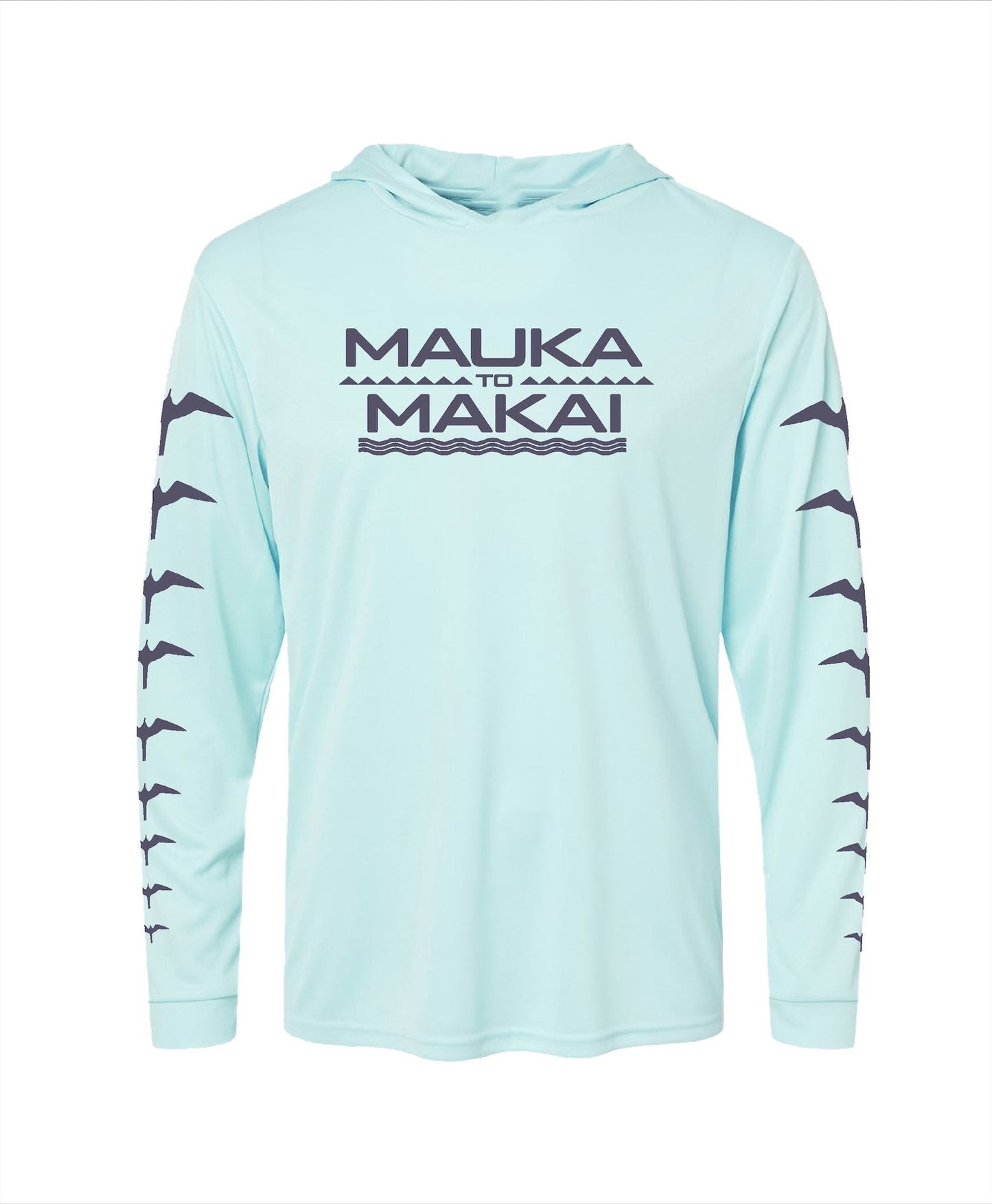 Mauka to Makai Grey on Light Blue Hooded Long Sleeve Drifit
