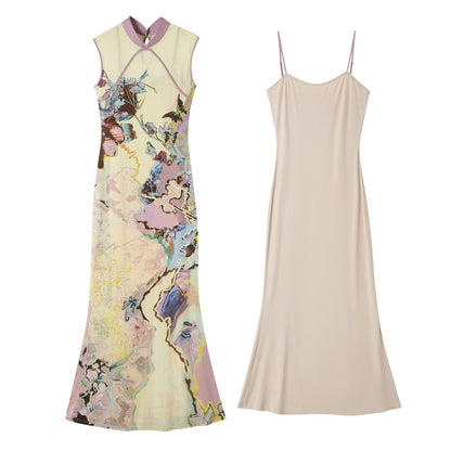Luoman Ci 罗曼词 Romance Language New Chinese Style Colorful Sleeveless Qipao