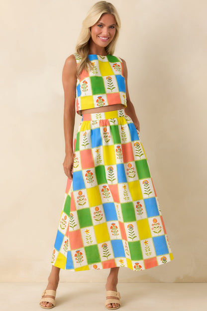 Prosperina Maddie Multi Floral Patchwork Linen Blend Maxi Skirt