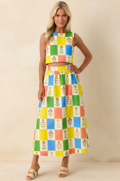 Prosperina Maddie Multi Floral Patchwork Linen Blend Maxi Skirt