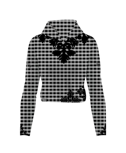 Palaka Kuiki Wahine V-Neck Hooded Crop Longsleeve Drifit Black