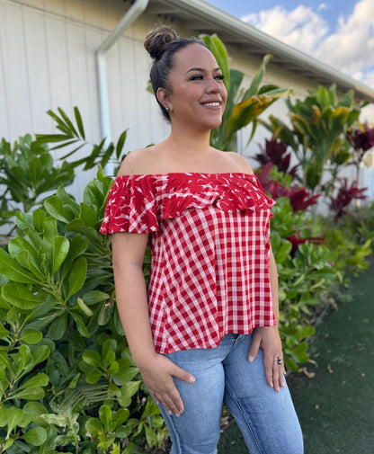Palaka Kuiki Cold Shoulder Top Lehua Red