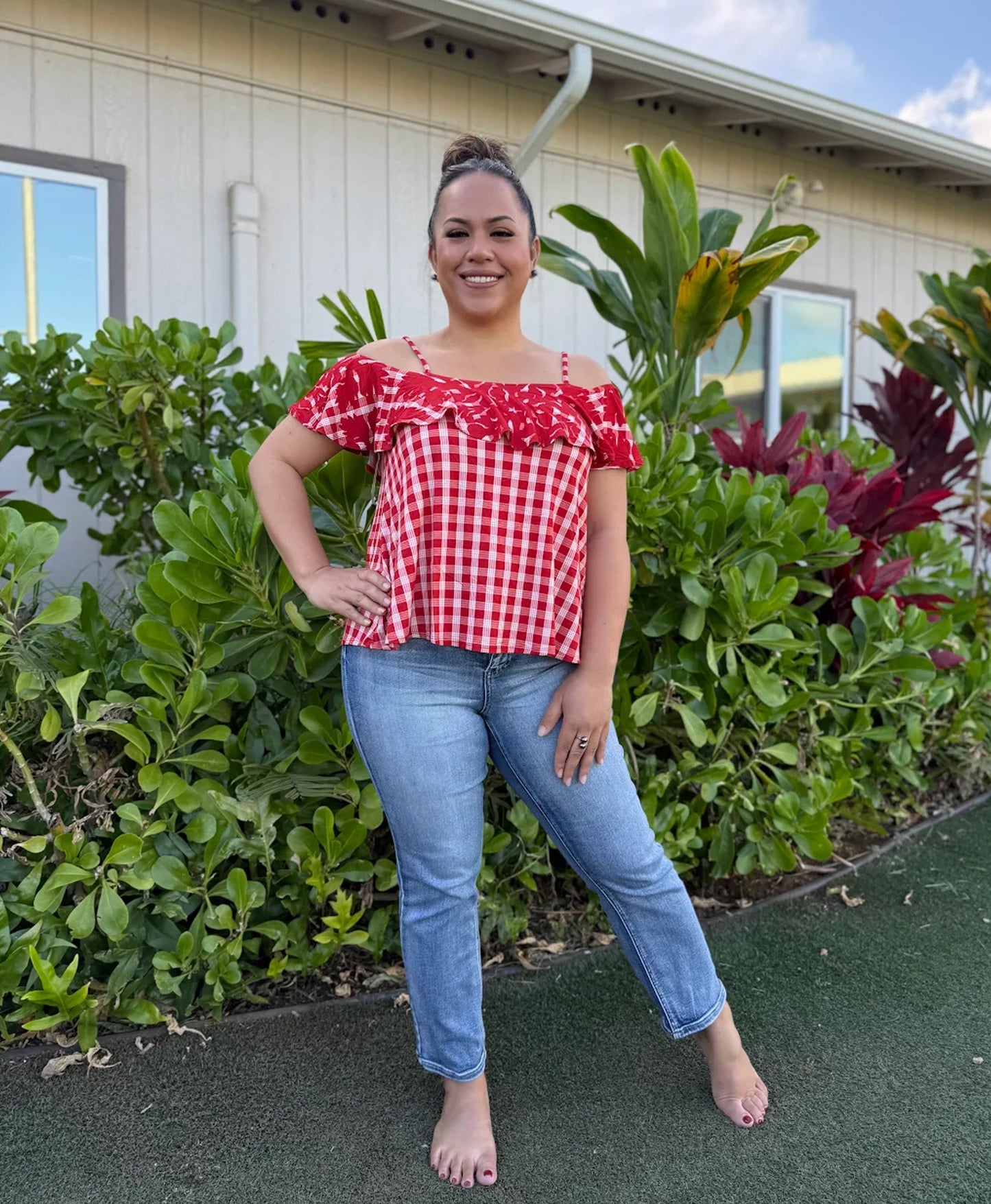 Palaka Kuiki Cold Shoulder Top Lehua Red