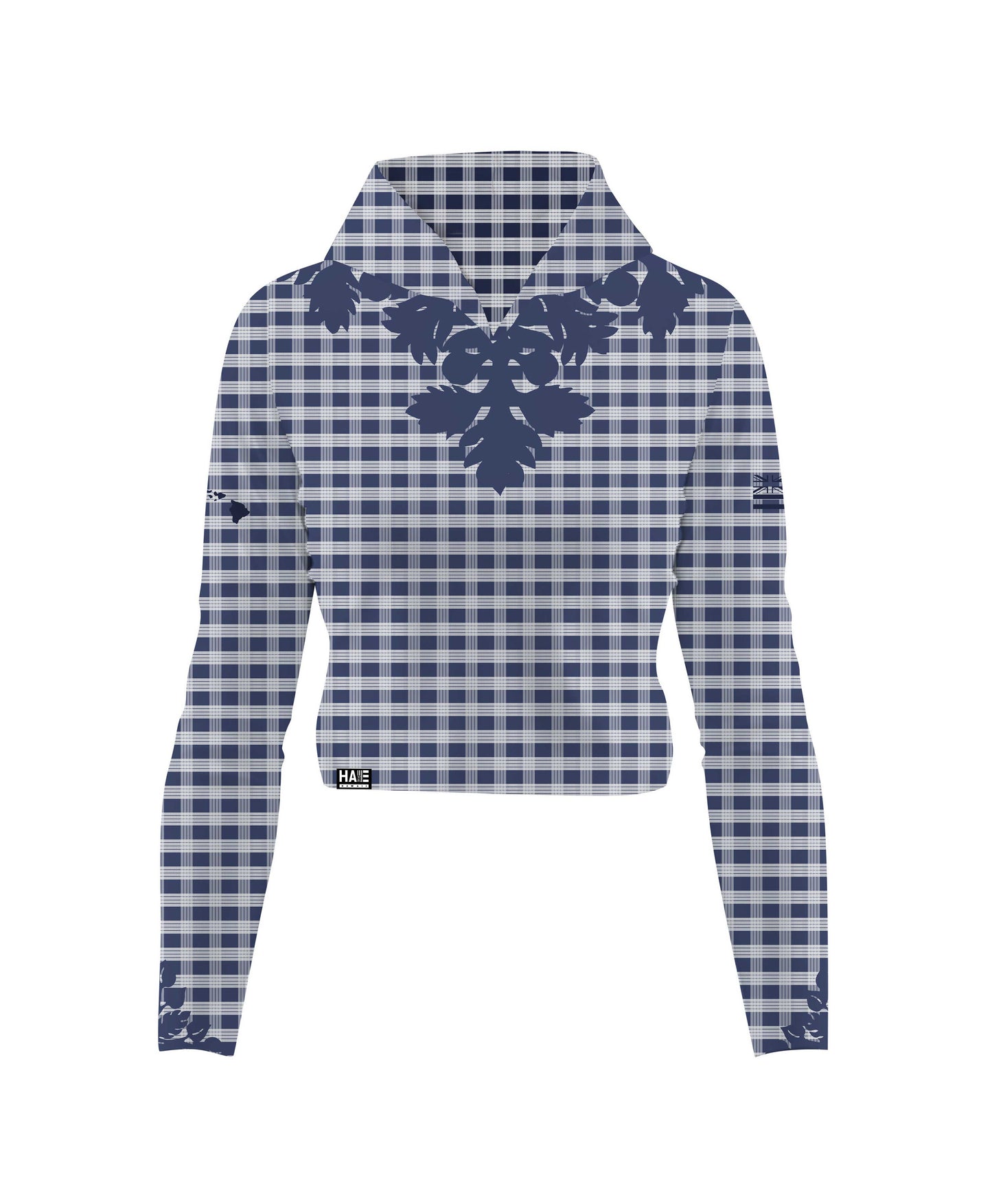 Palaka Kuiki Wahine V-Neck Hooded Crop Longsleeve Drifit Navy