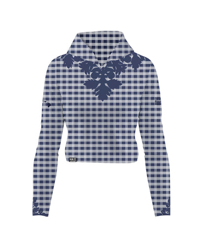 Palaka Kuiki Wahine V-Neck Hooded Crop Longsleeve Drifit Navy