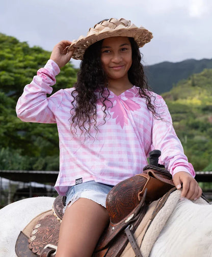 Palaka Kuiki Wahine V-Neck Hooded Crop Longsleeve Drifit Pink