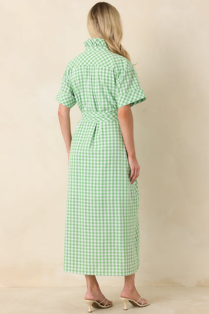 Check Me Out Green Gingham Ruffle Collar Belted Maxi Dress
