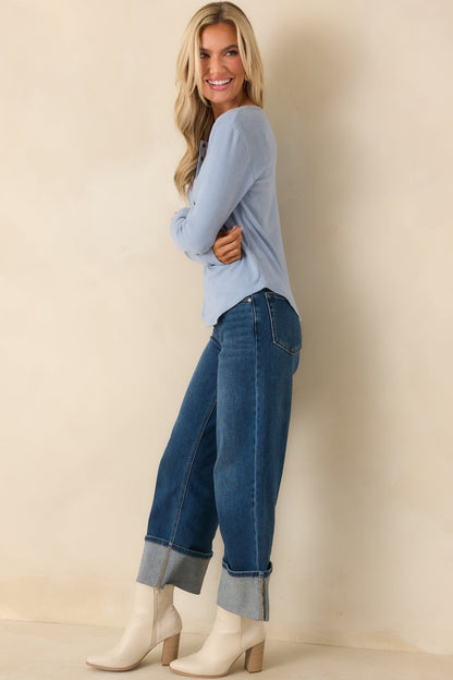 Meant For Today Sky Blue Ribbed Knit Long Sleeve Henley Top