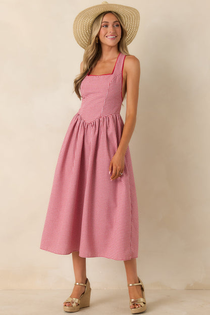Just Because I Can Red Gingham Open Back Tie Maxi Dress