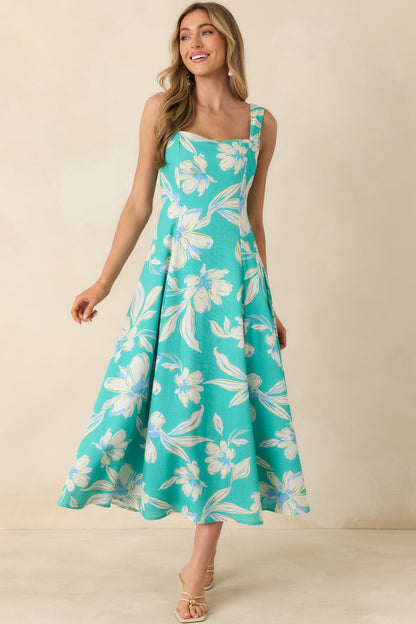 Laguna Bloom Turquoise Multi Floral Sleeveless Midi Dress