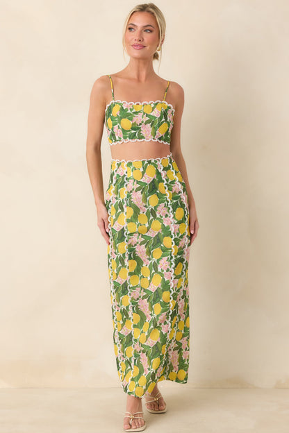 Sweetest in the Grove Yellow Multi Lemon Blossom Crop Top