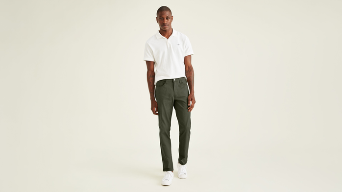 Front view of model wearing Deep Depths Jean Cut Pants, Straight Fit.