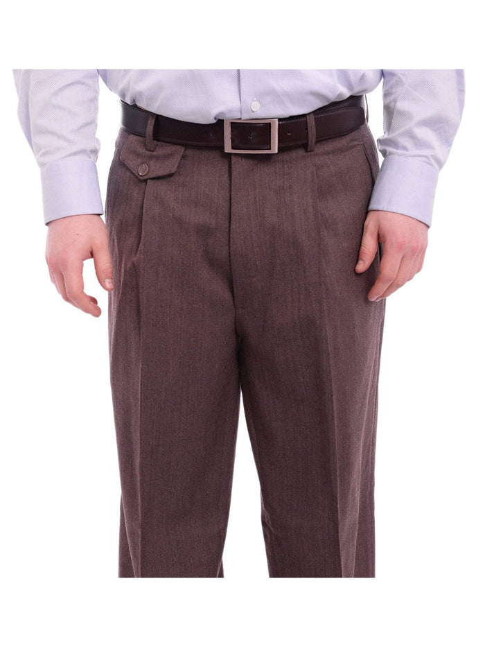 Apollo King PANTS Apollo King Classic Fit Brown Herringbone Pleated Wide Leg Wool Dress Pants