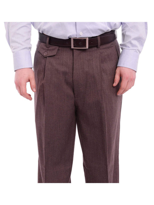 Apollo King PANTS Apollo King Classic Fit Brown Herringbone Pleated Wide Leg Wool Dress Pants