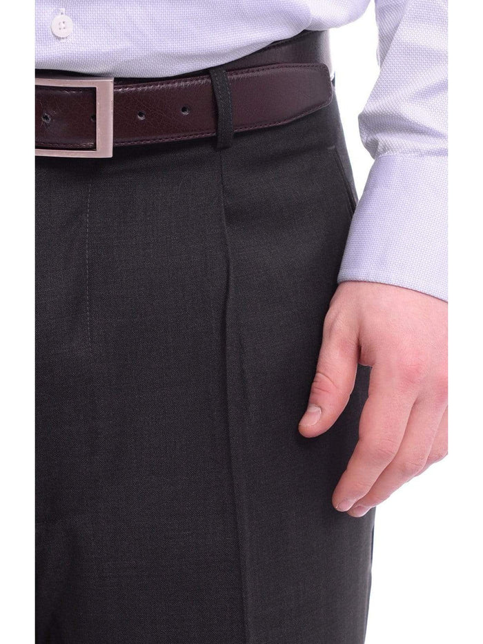 Apollo King PANTS Apollo King Classic Fit Solid Charcoal Single Pleated Wide Leg Wool Dress Pants