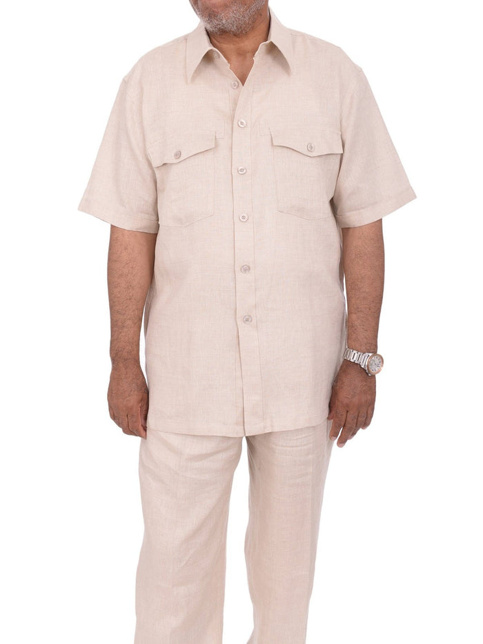 Apollo King TWO PIECE SUITS Apollo King Mens Classic Fit Solid Natural Tan Linen Walking Suit