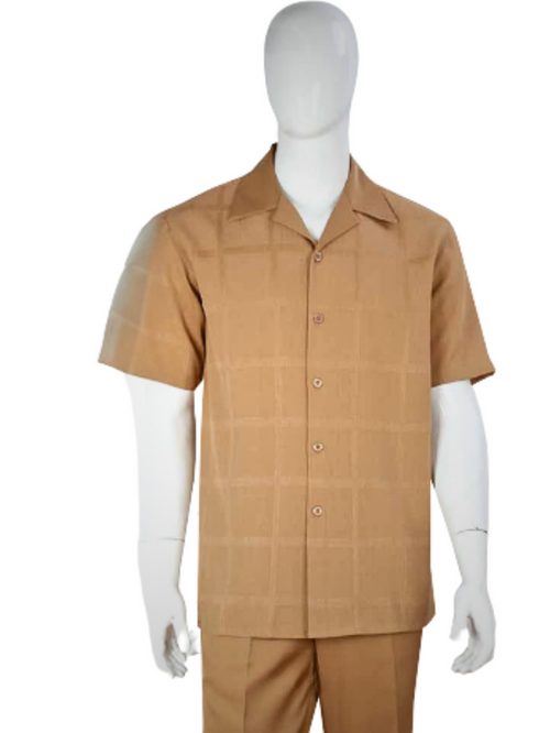 Apollo King Royal Diamond Men’s Tan Tonal Windowpane Short Sleeve Walking Suit