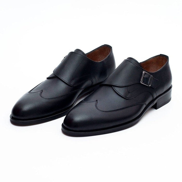 Ariston SHOES Ariston Mens Solid Black Single Monk Strap Leather Dress Shoes